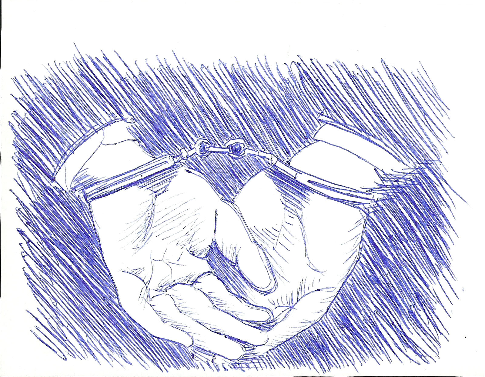 A sketch of two hands in handcuffs, drawn in blue ink.