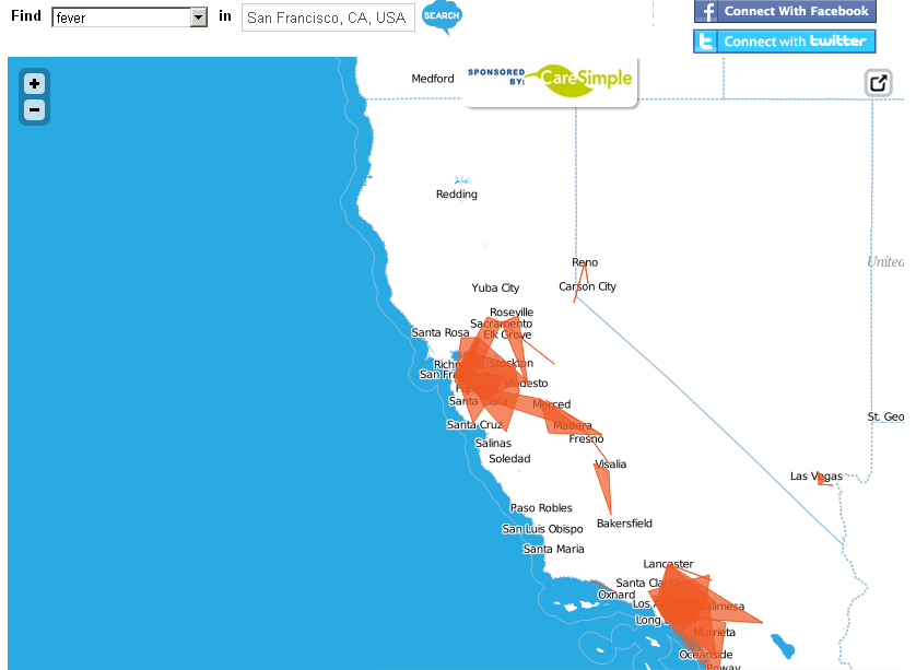 a map of where people are currently complaining of being sick, including the Bay Area and Santa Clara / Long Beach area.