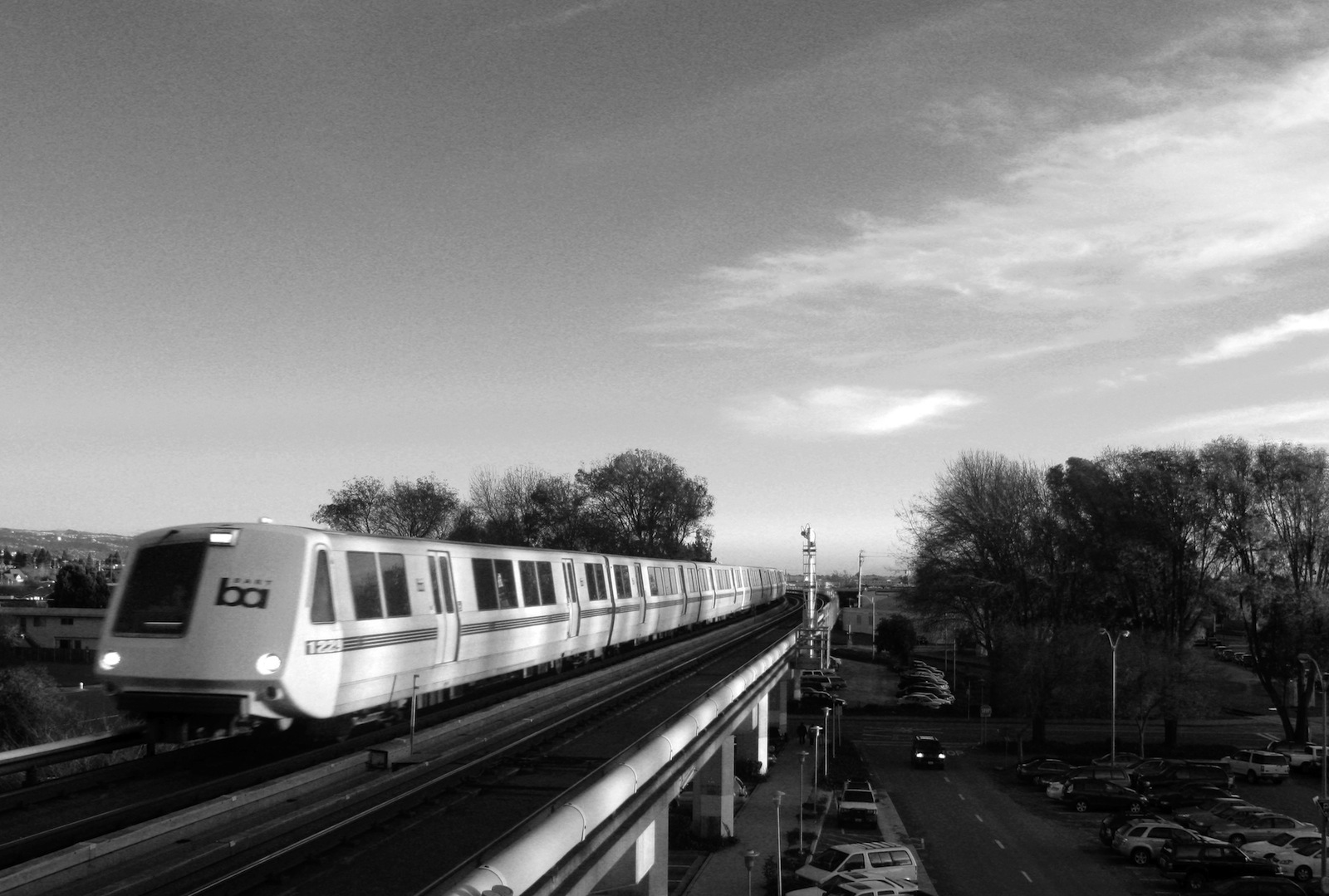 Black and white photo of BART train.