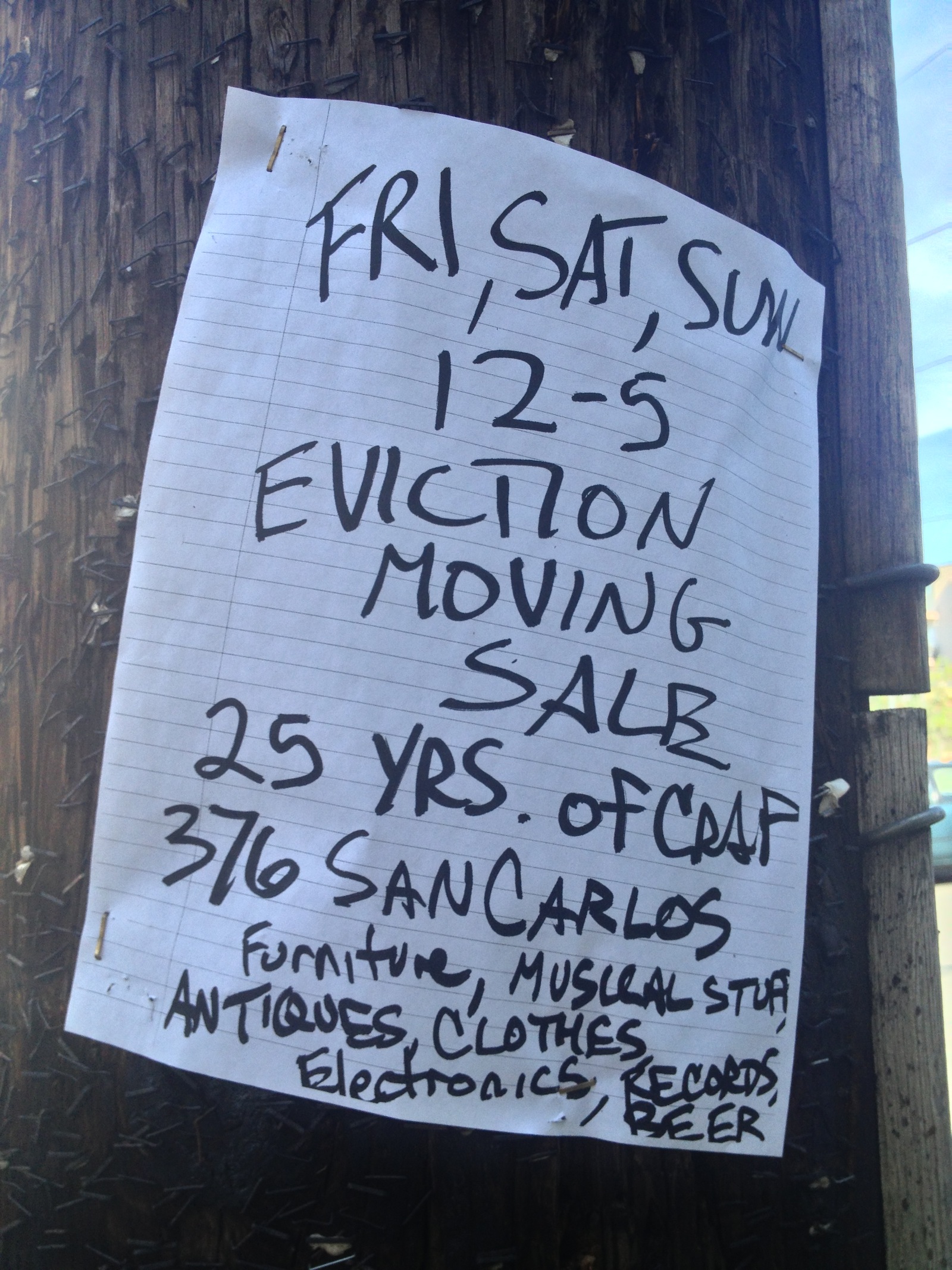 Flier advertising an eviction yard sale.