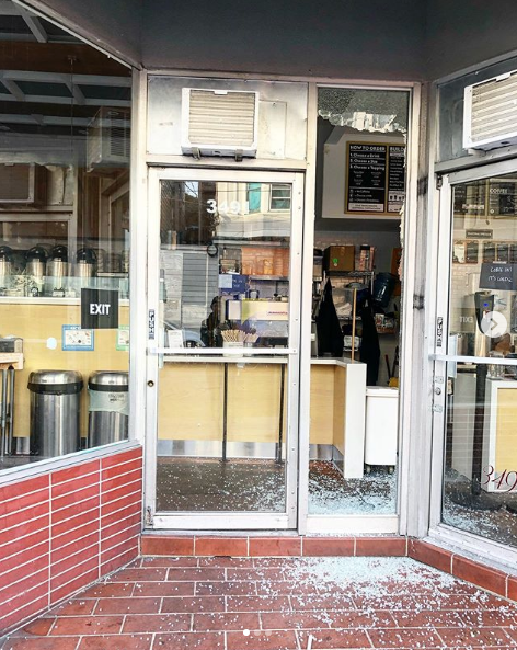 Smashed windows at Boba Guys