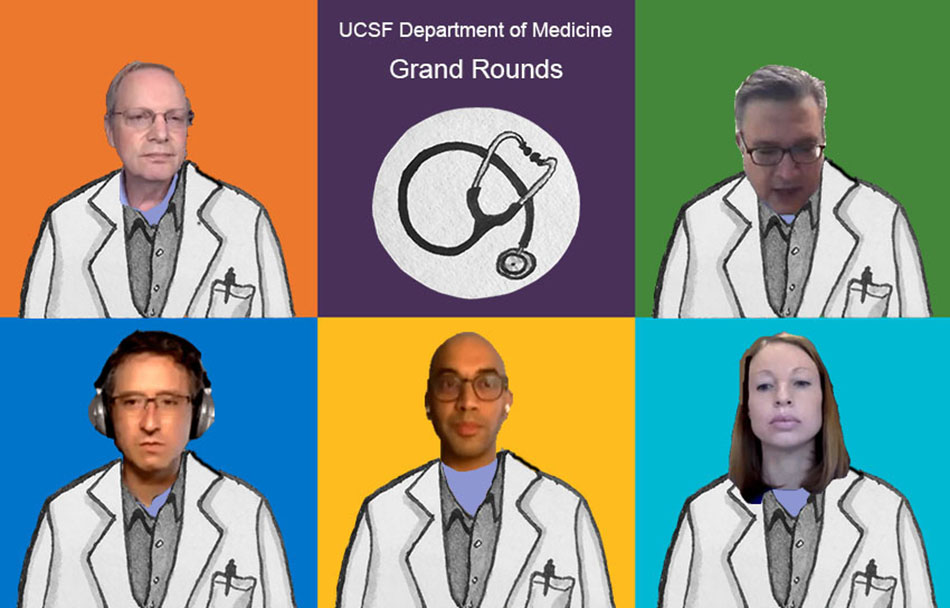 (FOTO) Evento Grand Rounds del Departamento de Medicina de la UCSF del 30 de abril de 2020 incluyeron a (desde la izquierda superior): el Dr. Bob Wachter, el Dr. Amir Jaffer, el Dr. Alexander Smith, el Dr. Sanjay Reddy y la Dra. Carly Zapata. Ilustración de Molly Oleson; fotos de las capturas de pantalla del evento en vivo.