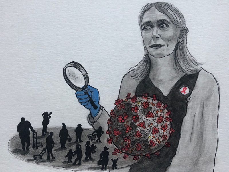 a drawing of woman in lab coat holding a magnifying glass to examine a larger than life Sars-Cov-2 cell