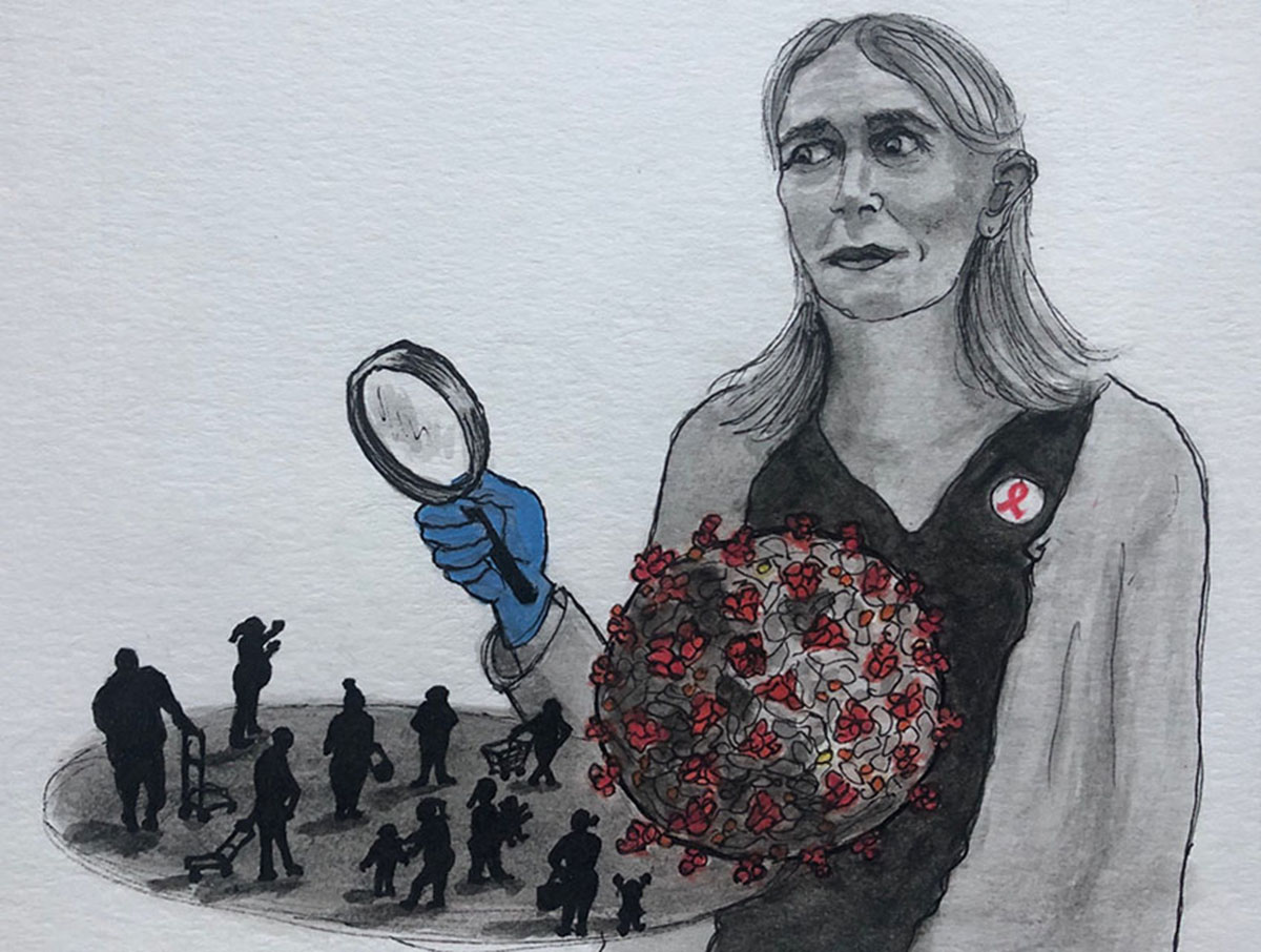 a drawing of woman in lab coat holding a magnifying glass to examine a larger than life Sars-Cov-2 cell