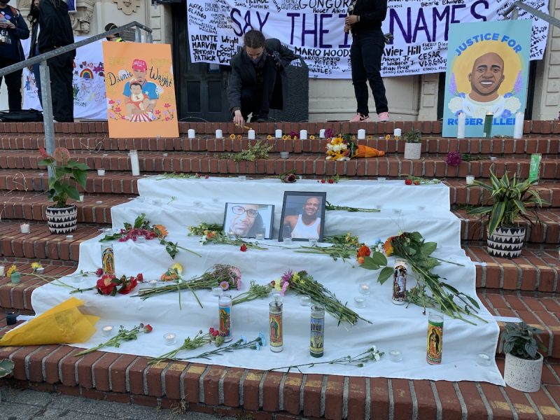 An alter on the steps of Mission High School for Daunte Wright and Roger Allen. Photo by Julian Mark