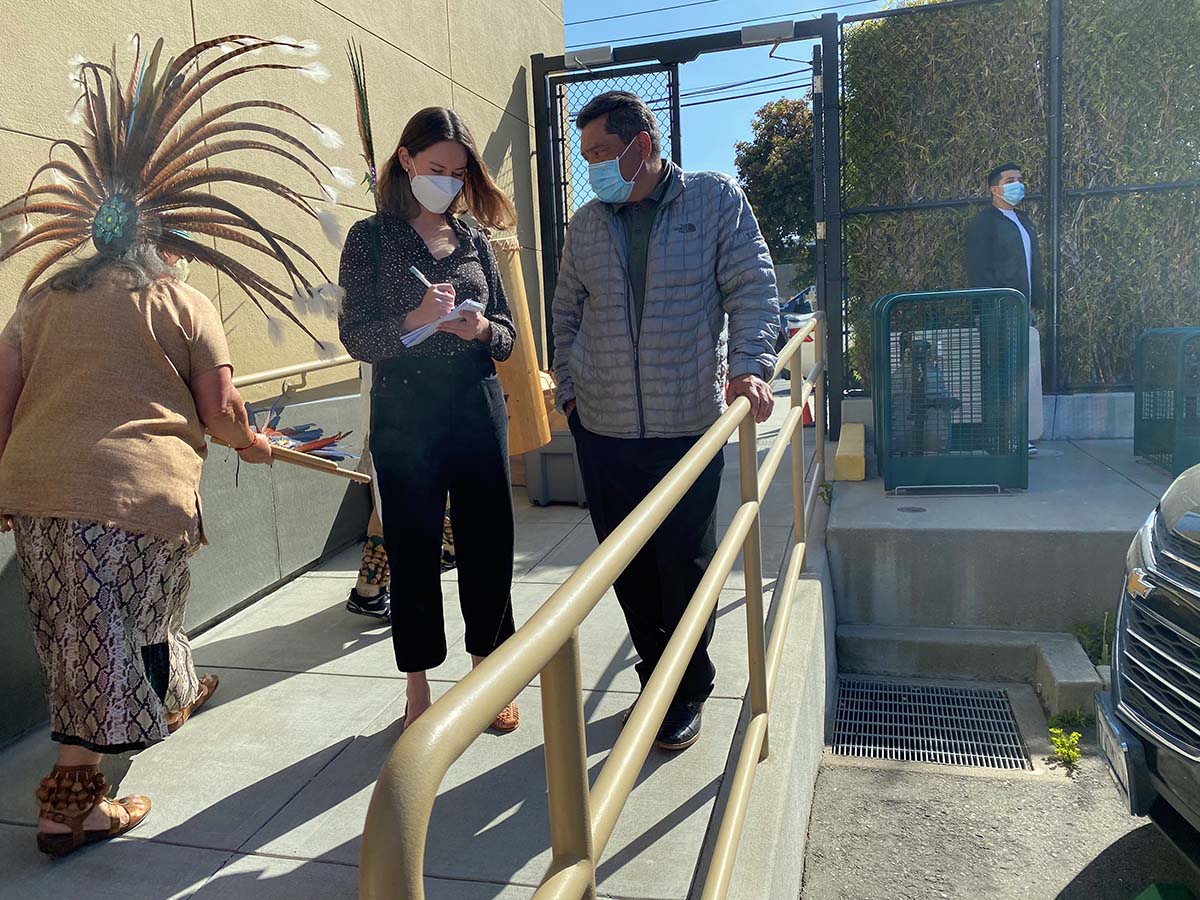 Clara Sophia Daly at Local 261 interviewing Ramon Hernandez, the business manager at Local 21 on the day the vaccination site opened at Shotwell and 18th Streets.