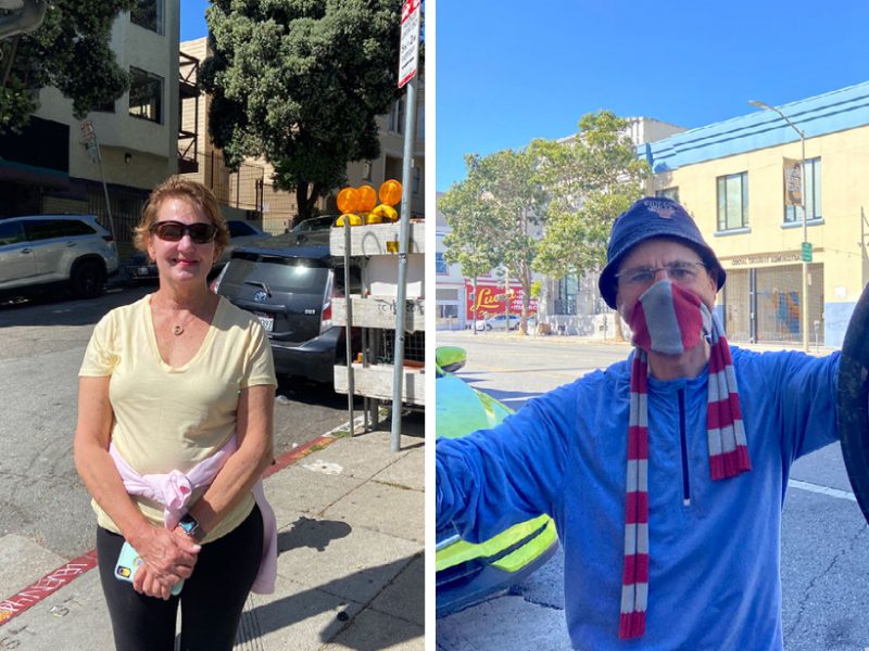 Deb, 68, was not wearing a mask when exercising on Valencia Street on Tuesday morning. "It feels good it’s much easier to exercise especially for somebody my age." Eric Corbel, 57, is going to keep using his mask because he “can contaminate others.” Photo by Clara-Sophia Daly.