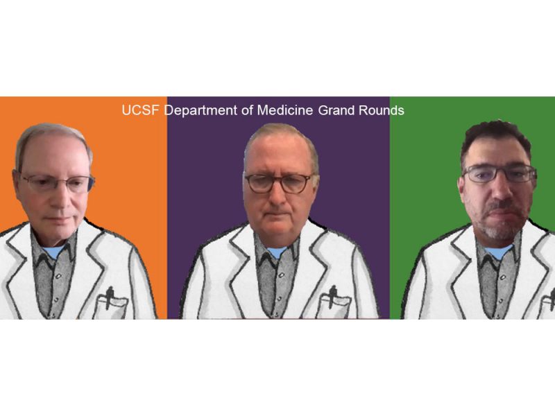 UCSF's Department of Medicine Grand Rounds on June 17, 2021 included (from top left): Bob Wachter, George Rutherford, and Andy Slavitt. Illustration by Molly Oleson; photos from screenshots of live event.