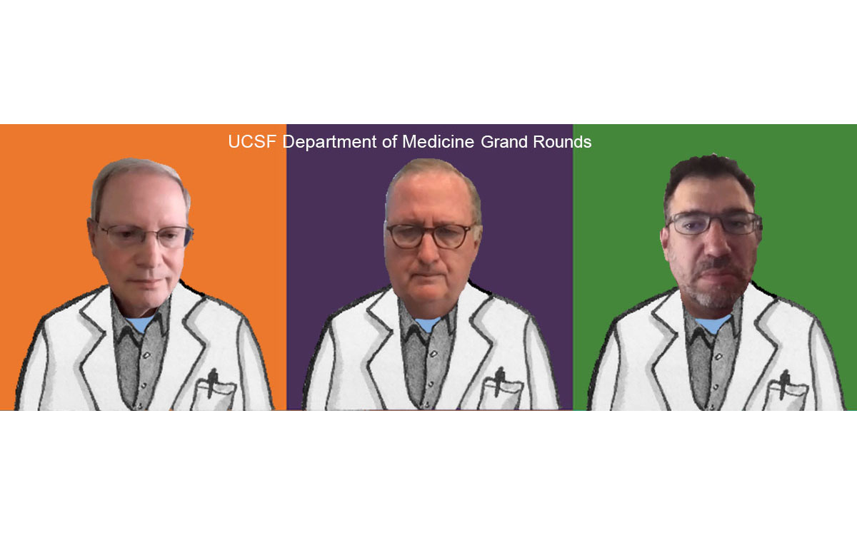UCSF's Department of Medicine Grand Rounds on June 17, 2021 included (from top left): Bob Wachter, George Rutherford, and Andy Slavitt. Illustration by Molly Oleson; photos from screenshots of live event.