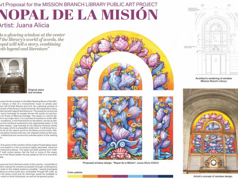 Juana Alicia. Juana Alicia Araiza. Mission Library. Proposal. Glass. Design. Board.