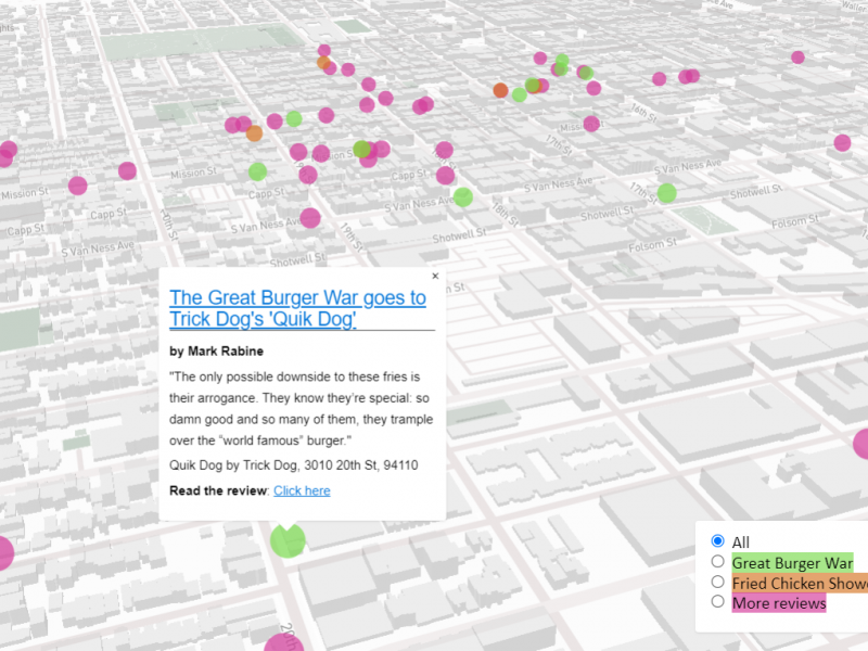 Map showing different kinds of restaurants and pop-up summaries of their reviews.