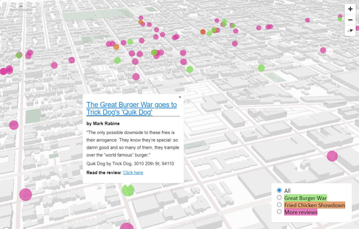 Map showing different kinds of restaurants and pop-up summaries of their reviews.