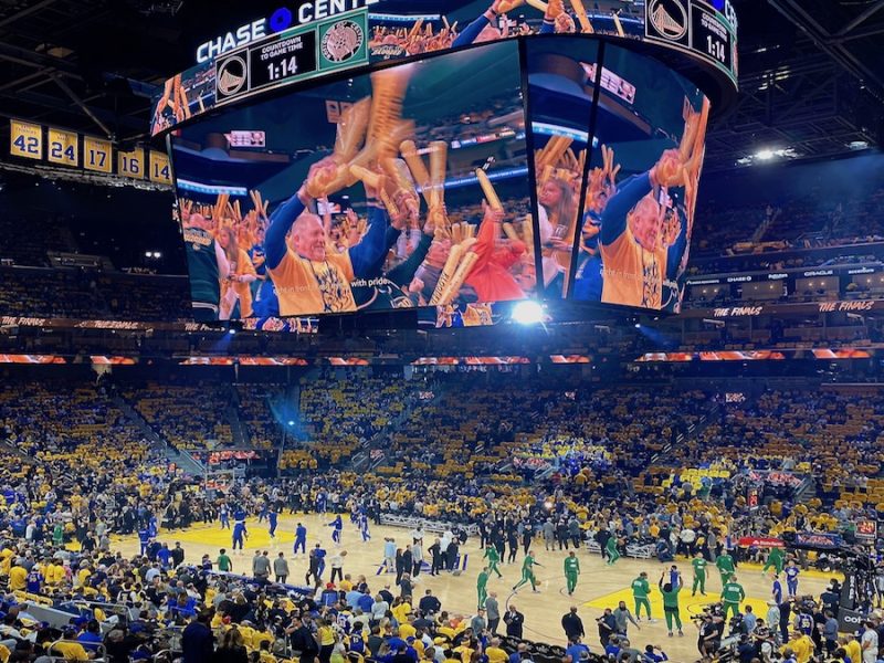The big screen inside Chase Center during Game 5.