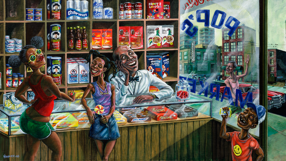 "Pops Shop" by Norm “Nomzee” Maxwell. Limited framed prints will be available at Luna Rienne Gallery this weekend.
