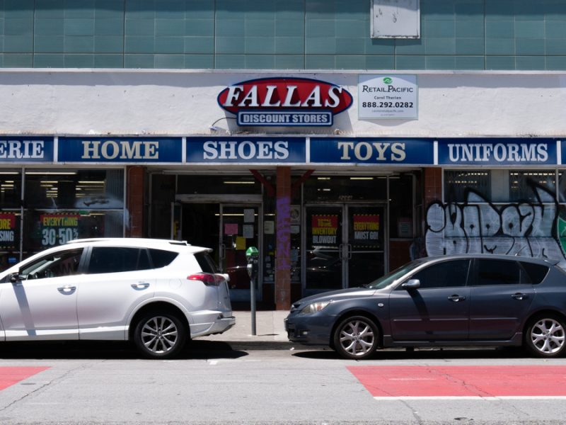The outside front doors of Falla's discount store.