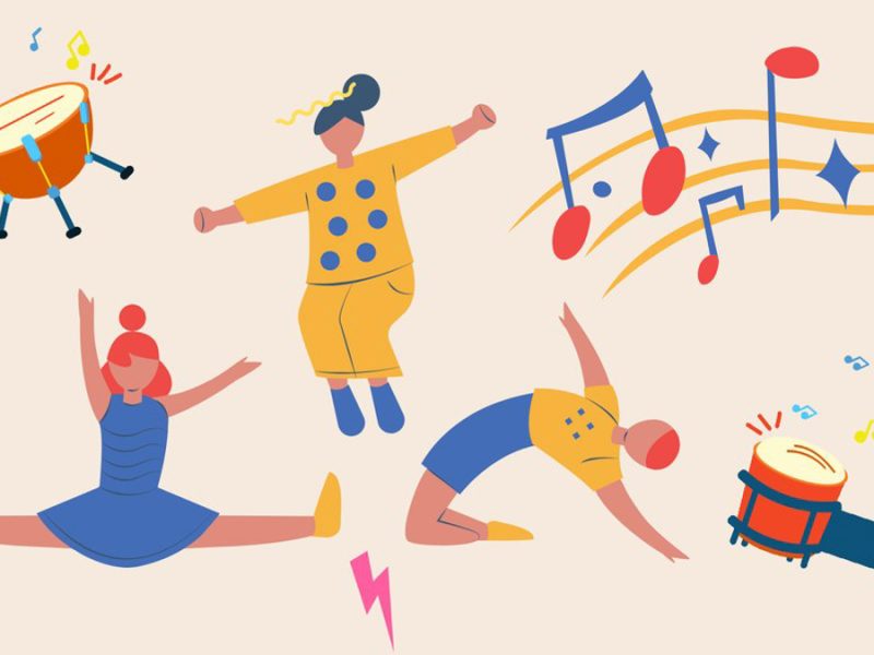 A hand drawn banner with a beige background, with people bending backwards, stretching their arms and doing the splits. Next to them are red and blue musical notes and a drawing of a drum.