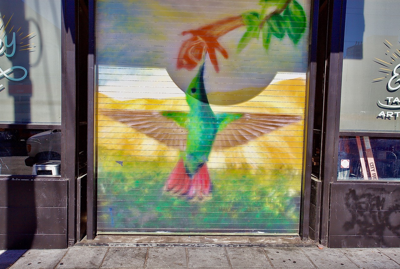 A mural of a humming bird on Mission Street