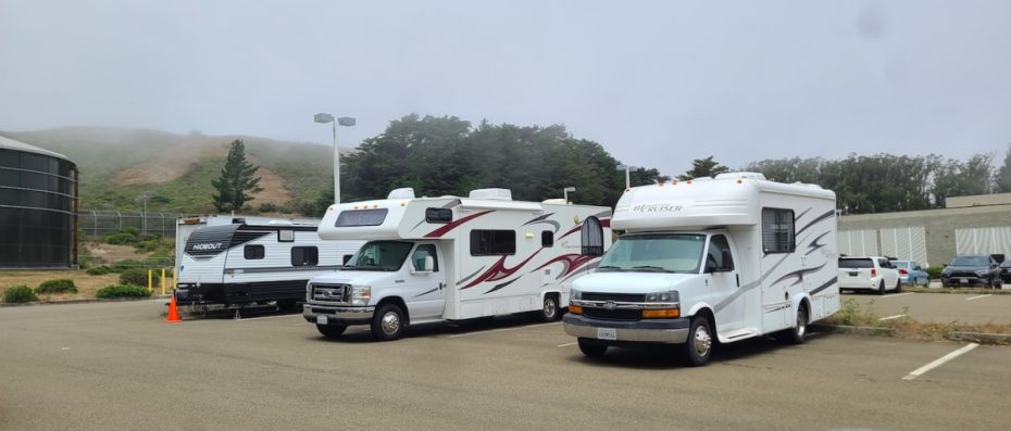 RVs parked in a lot outside the jail