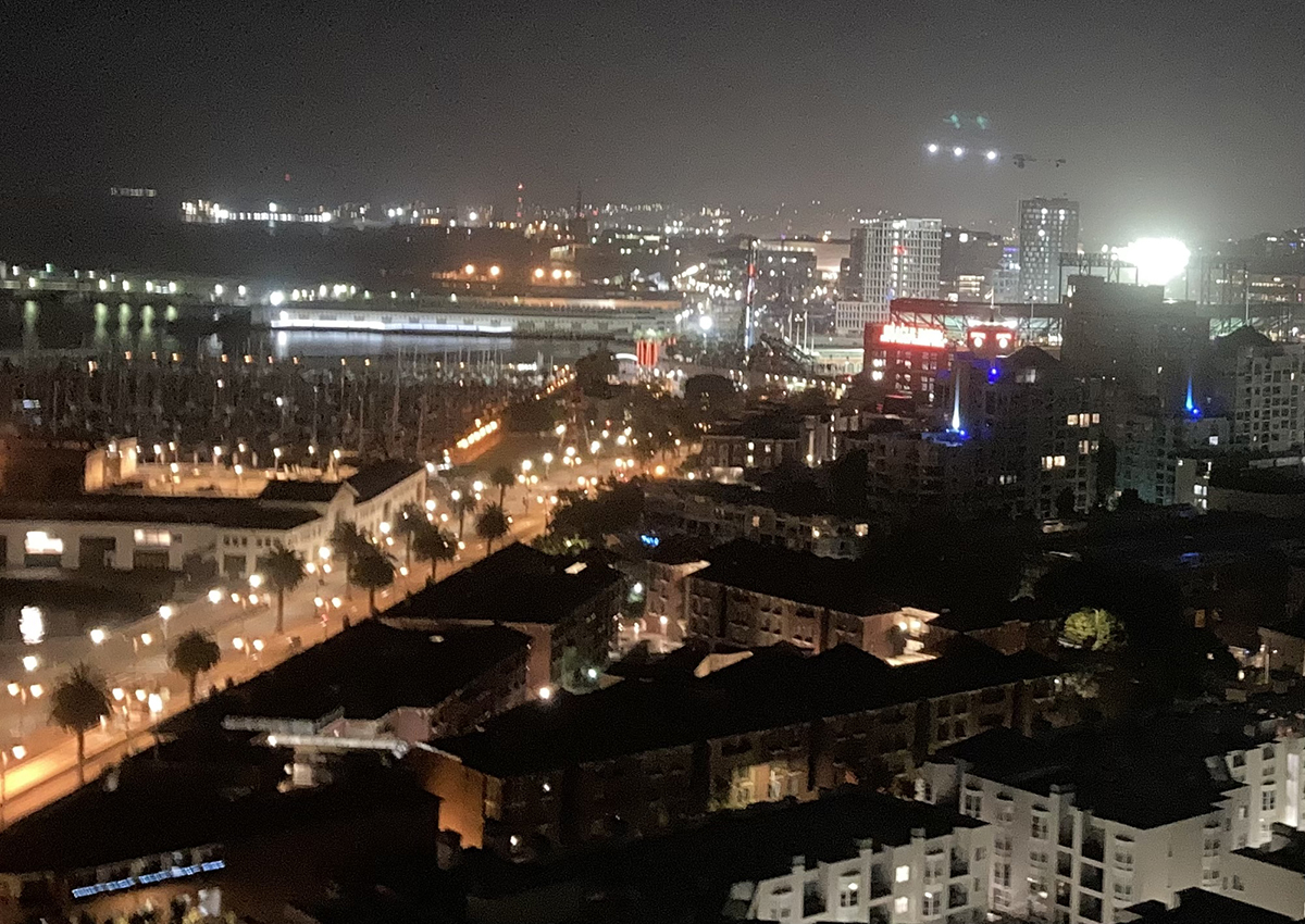 A night shot of the Embarcadero in SF