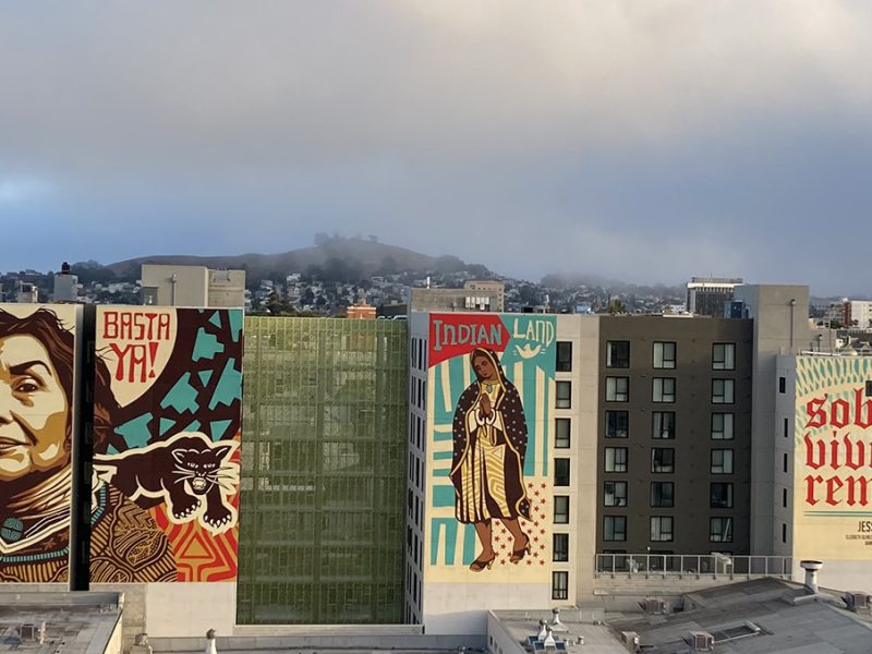 Three murals on Folsom, Yolanda Lopez, the Virgin and the words Sobre Vivire