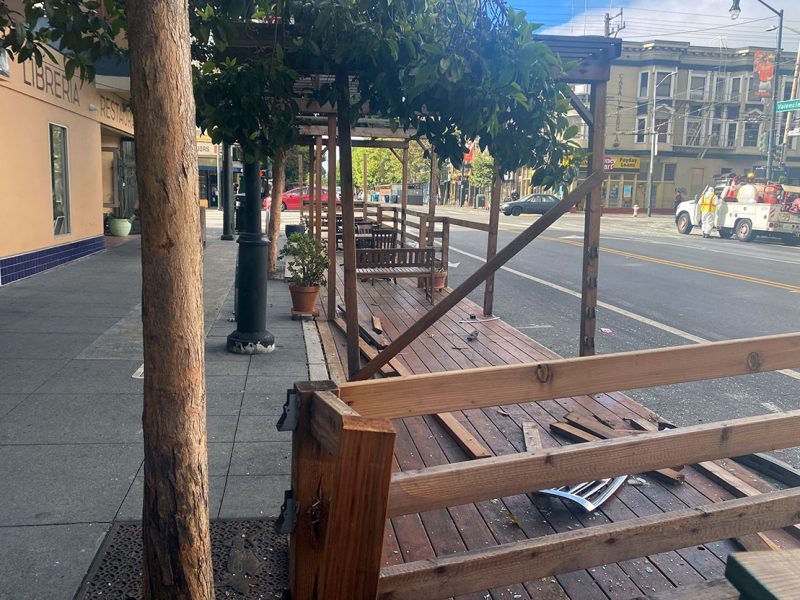 destruction at Manny's parklet looking south on Valencia Street
