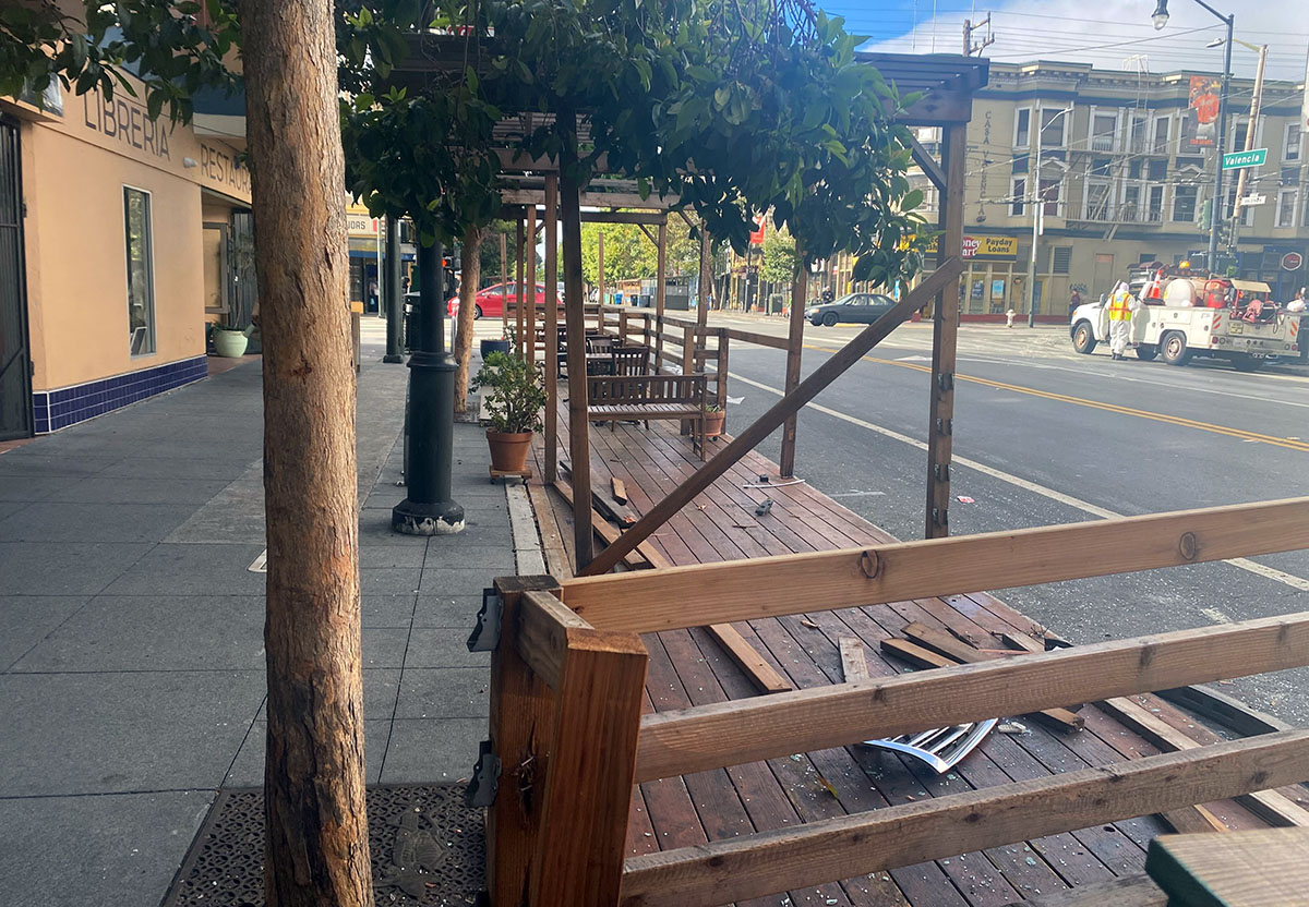 destruction at Manny's parklet looking south on Valencia Street