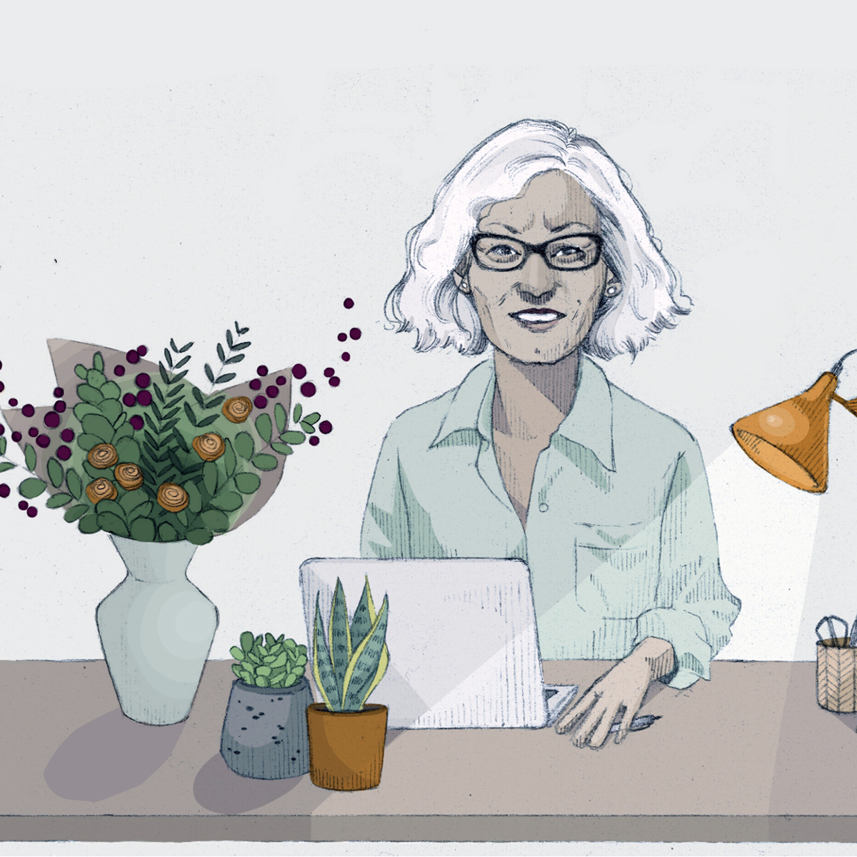 Illustration of a woman with white hair sitting at her desk with flowers