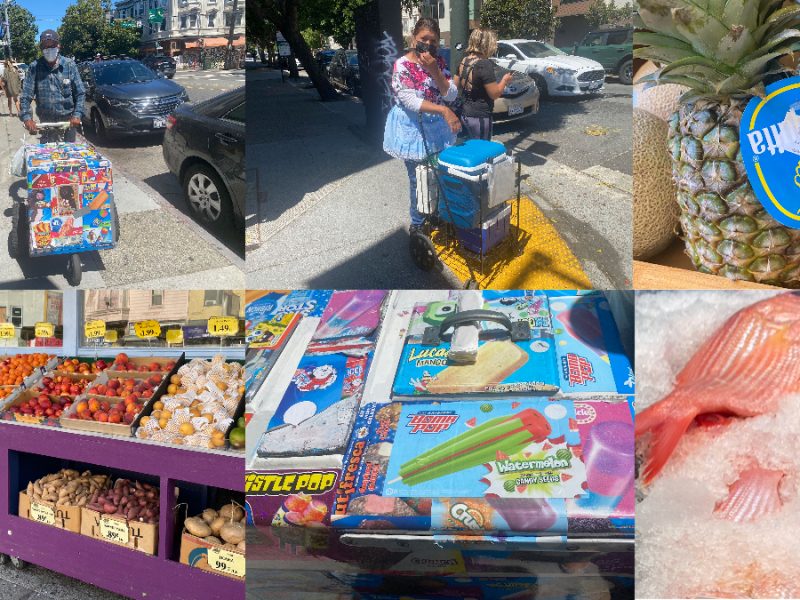 From top left to bottom right: Palatero Miguel Munoz, Enelia Estrada selling tamales, pineapples from Whole Foods on Valencia, the front of Casa Guadalupe market, watermelon bomb pop and snapper from a fish market.