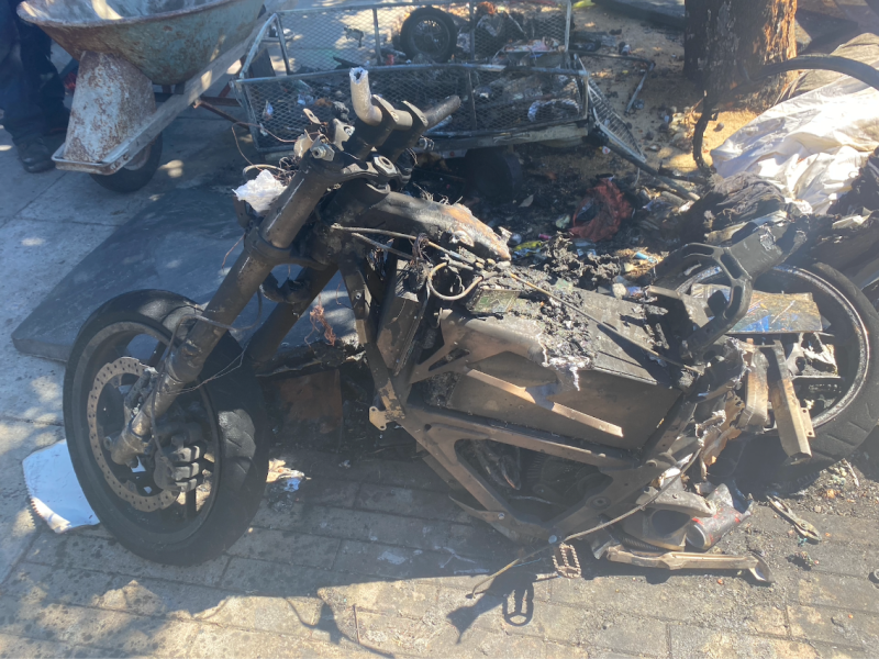 Jorge Silba's charred bike. Photo by Carolyn Stein.