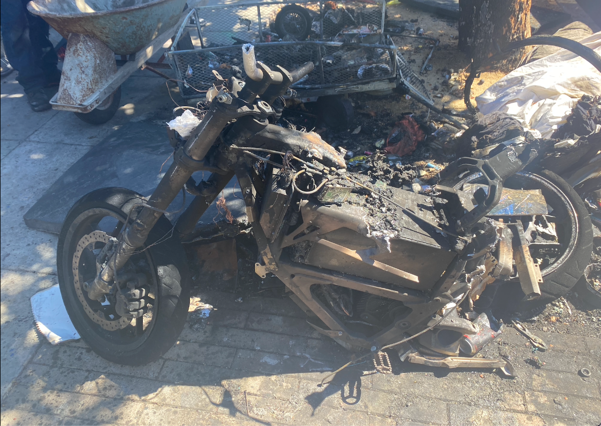 Jorge Silba's charred bike. Photo by Carolyn Stein.