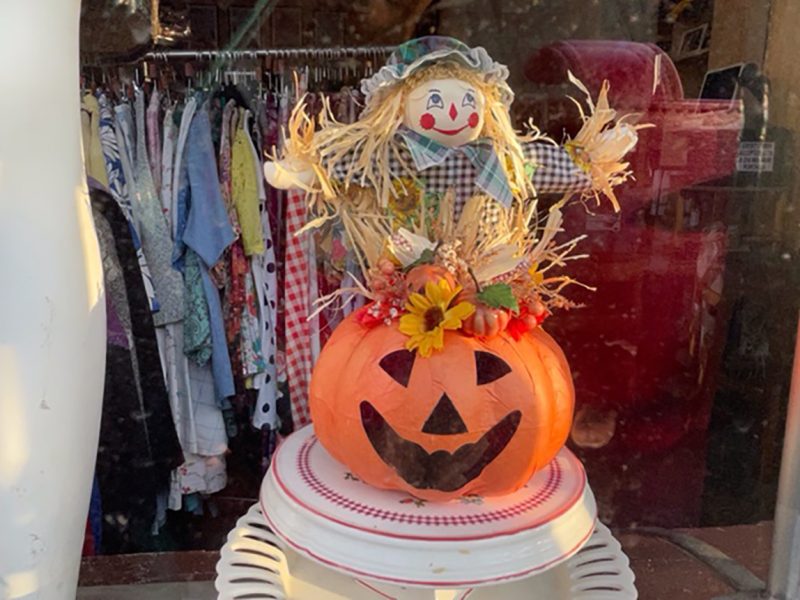 A plastic pumpking with a witch