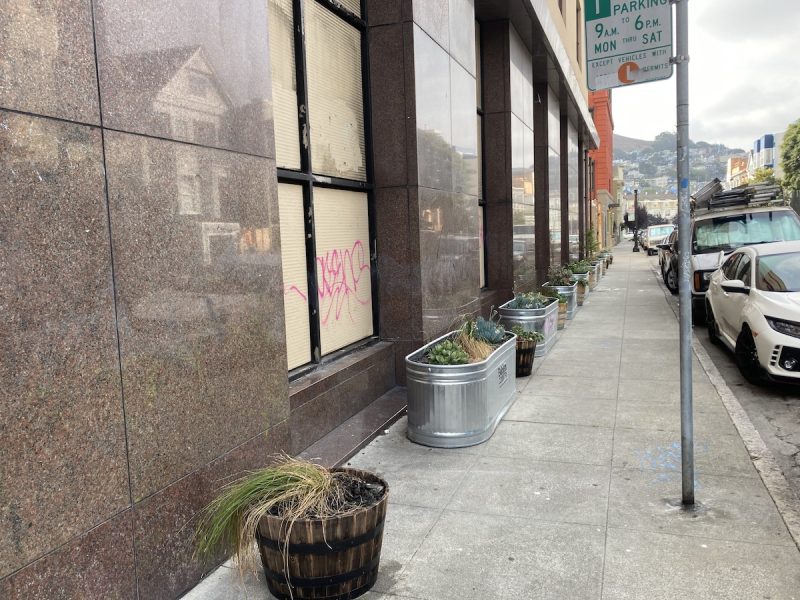 Wine barrel and stock tank planters alongside a building