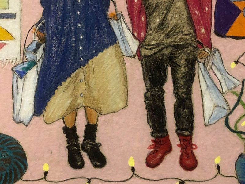 Illustration of two people carrying Christmas shopping bags.