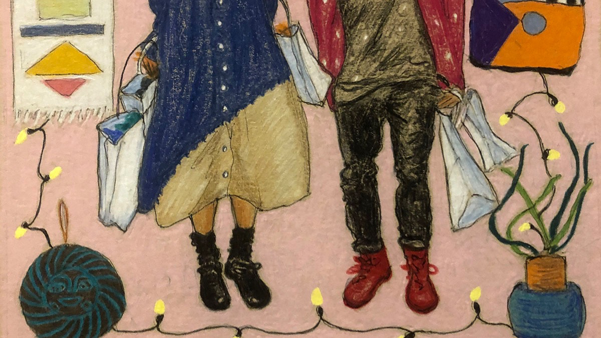 Illustration of two people carrying Christmas shopping bags.