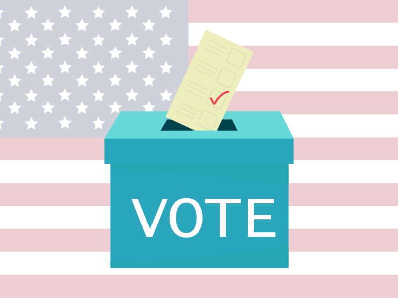 A ballot box in front of an American flag.