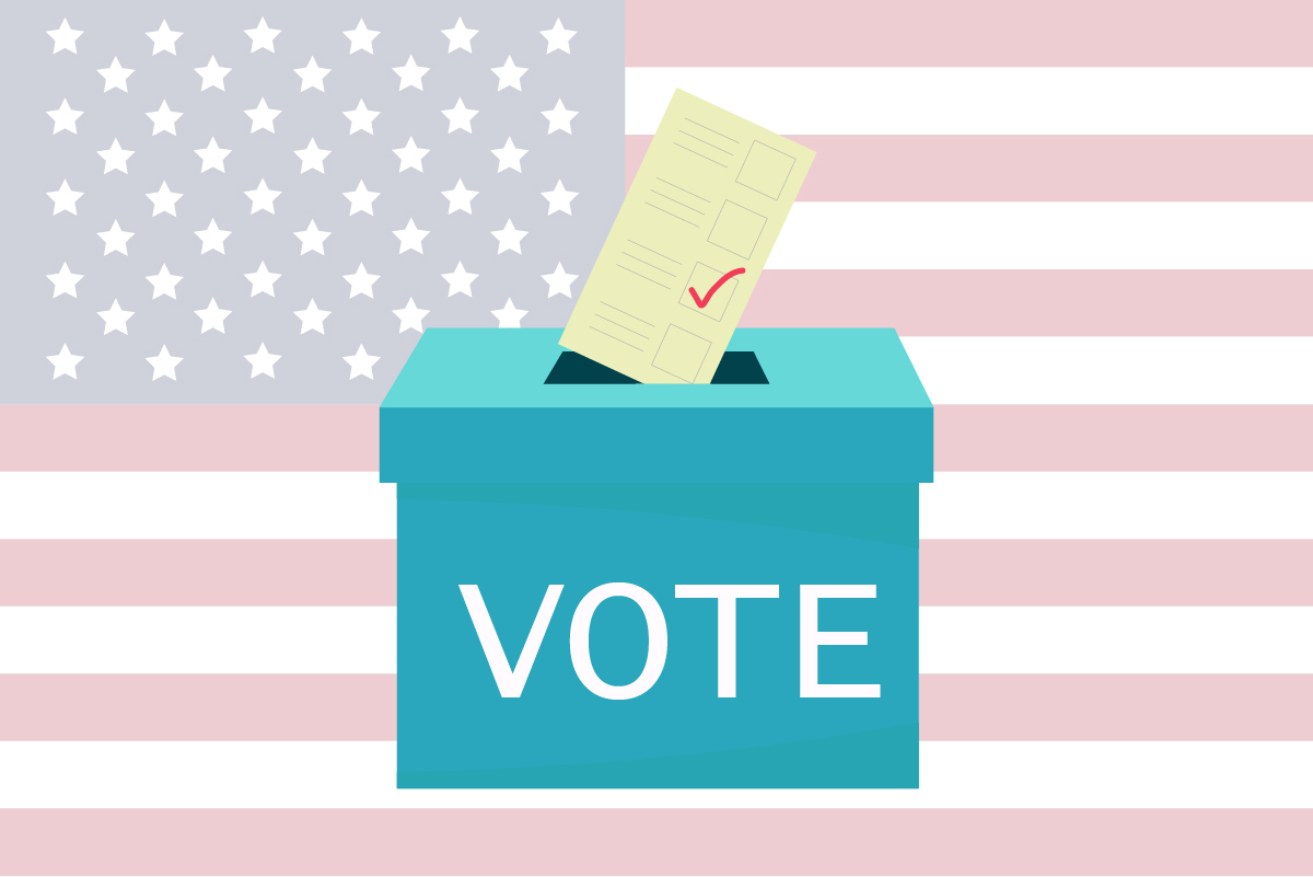 A ballot box in front of an American flag.