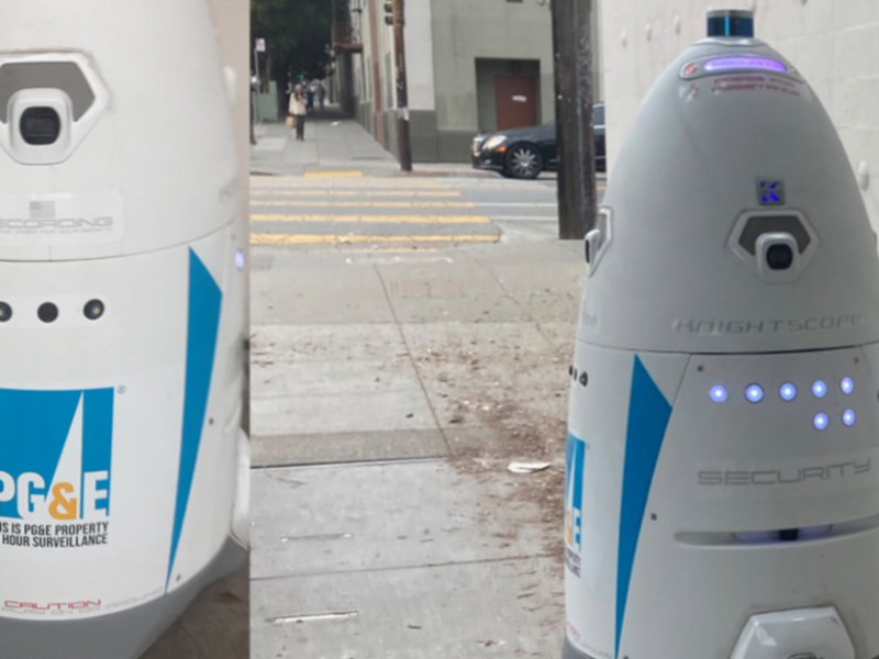 Dos vistas diferentes del mismo robot Knightscope K5 que ha molestado a los residentes cercanos.