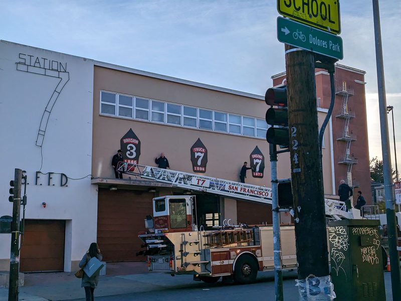 A fire station decorated for Christmas.