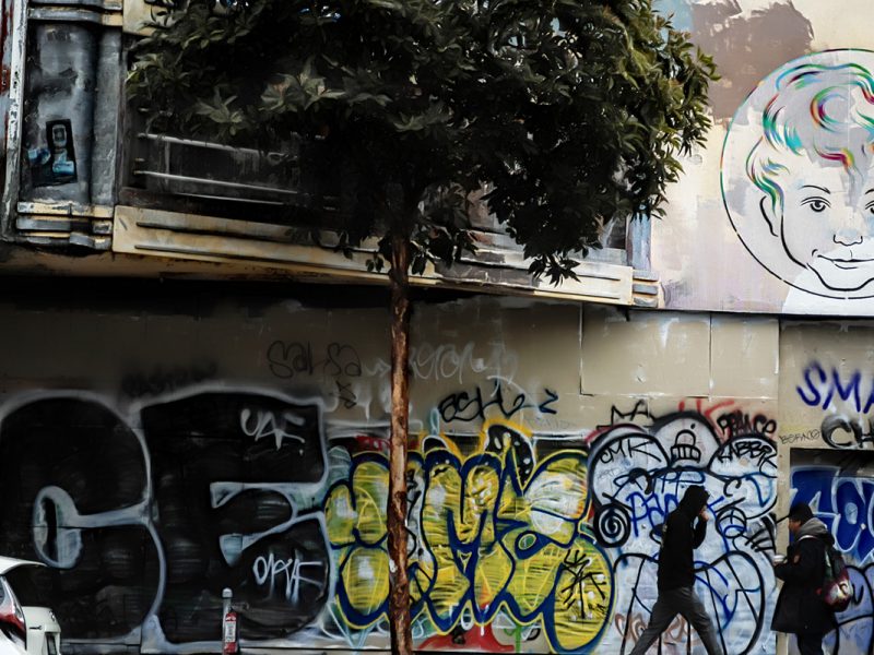Graffiti and figures on an old cinema facade.