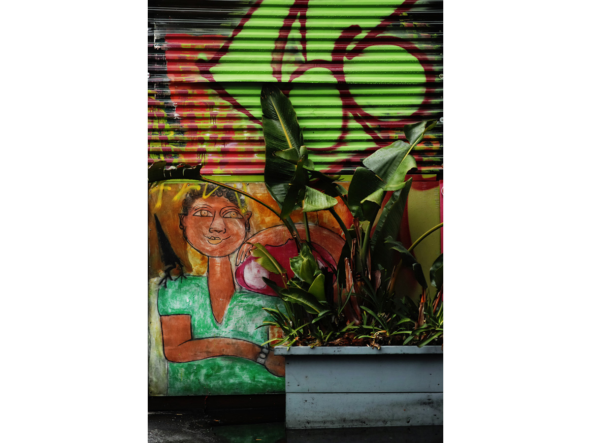 A mural of a young girl near a palm.