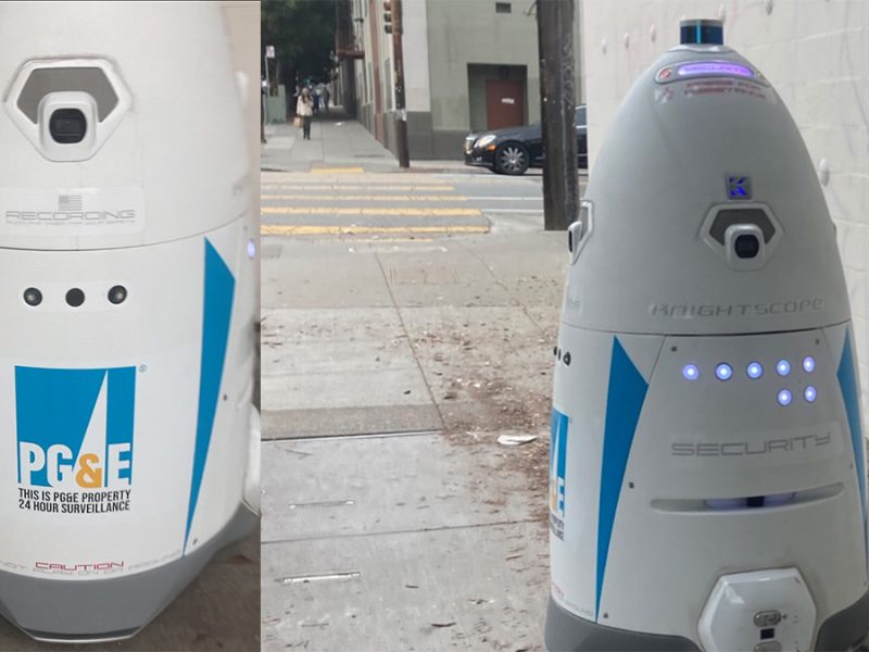 Two different views of A white and blue patrolling robot with "Knightscope Security" written on it