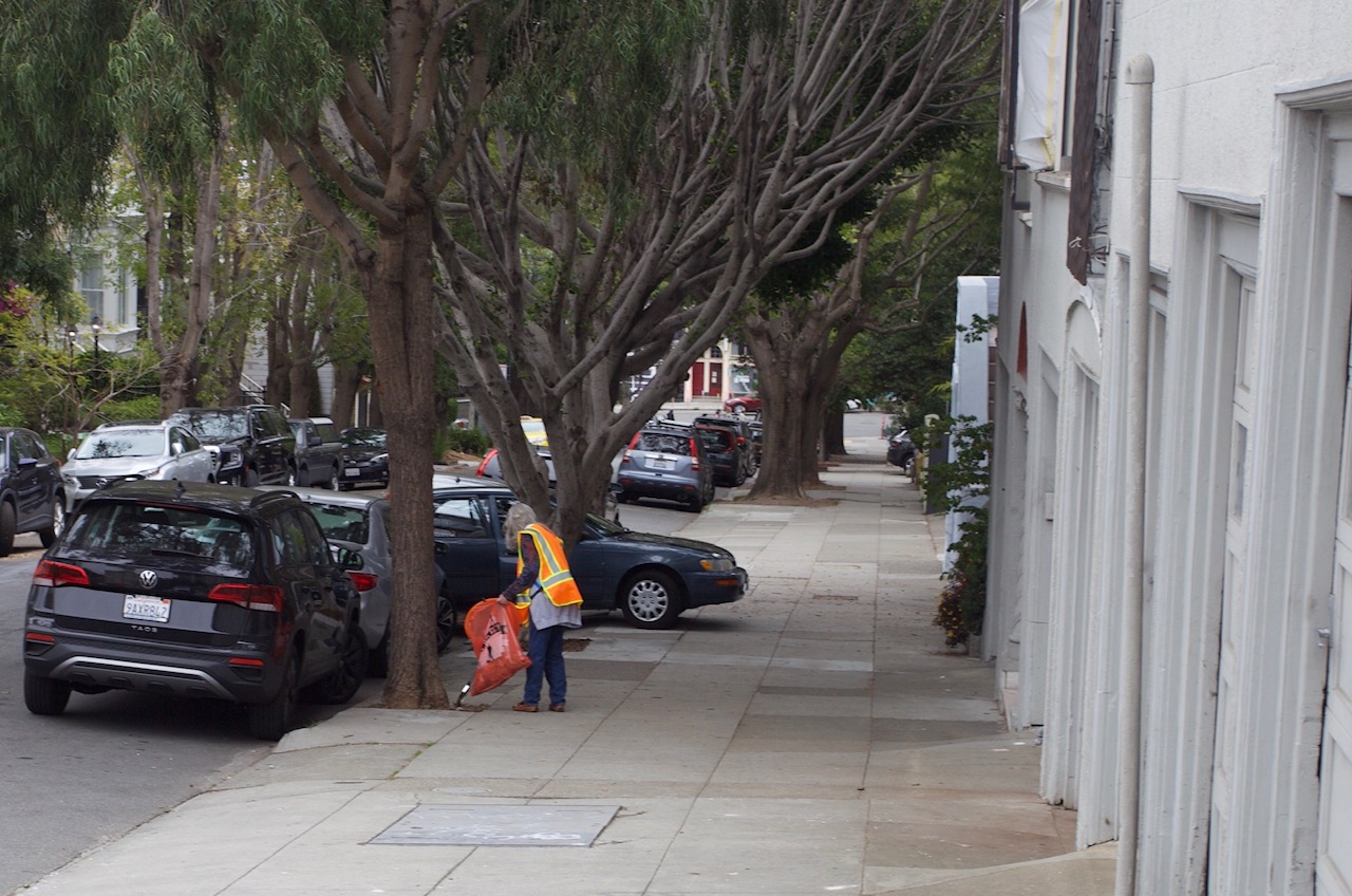A man picking up trash, using a grabber, on a tree-lined street.