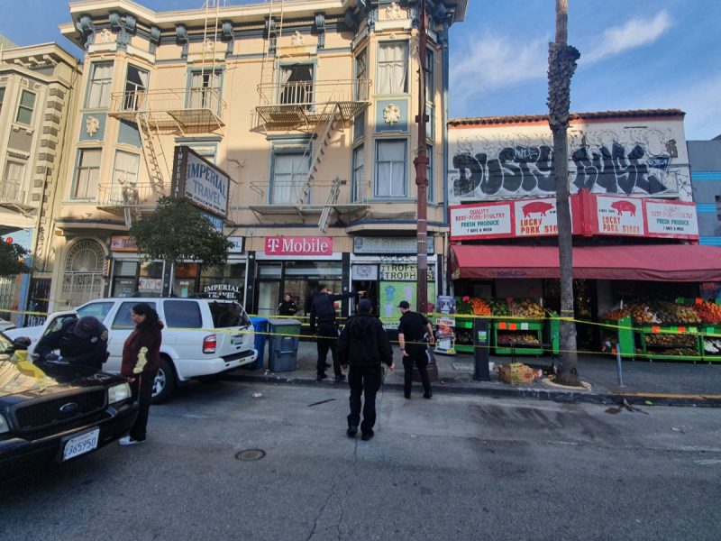 Police on Mission Street following a stabbing outside of Lucky Pork Market