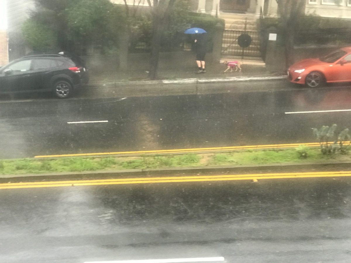 A woman standing on the sidewalk with the rain pouring down.