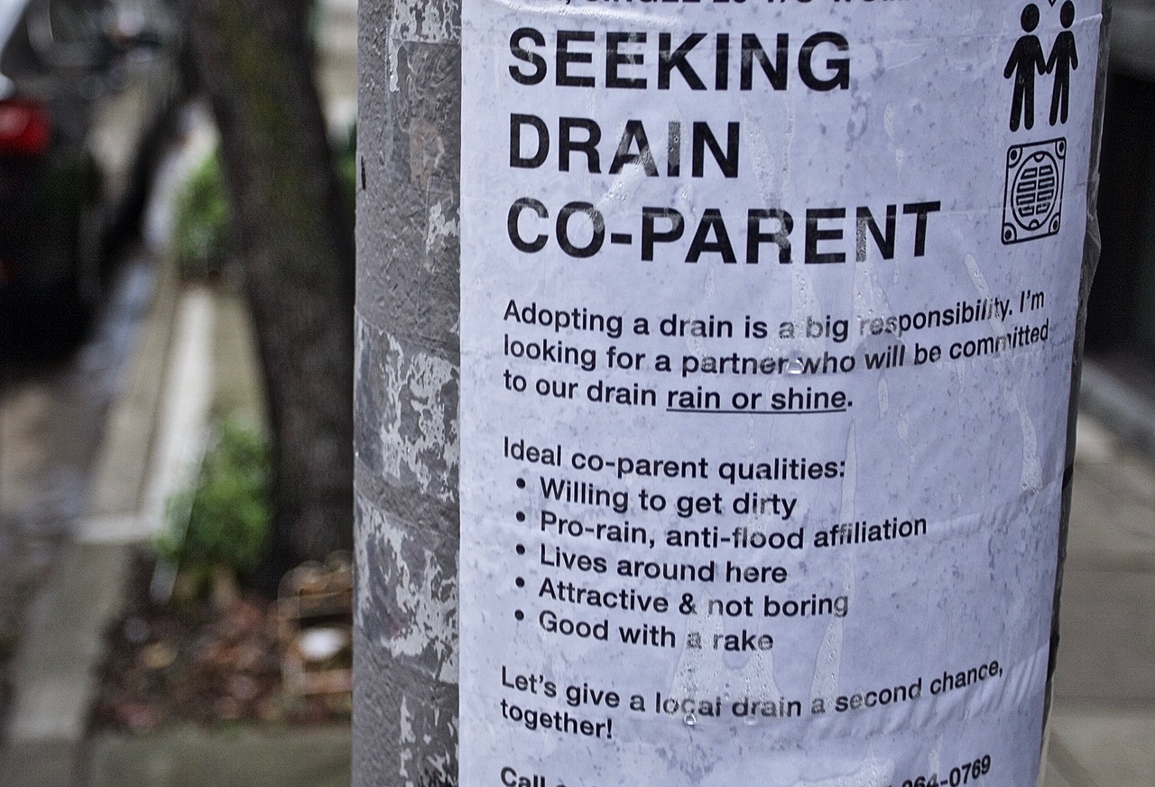 A flyer on a utility pole that seeks help with city drains.