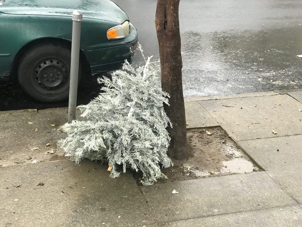 A white flocked Christmas tree sitting out on the sidewalk.