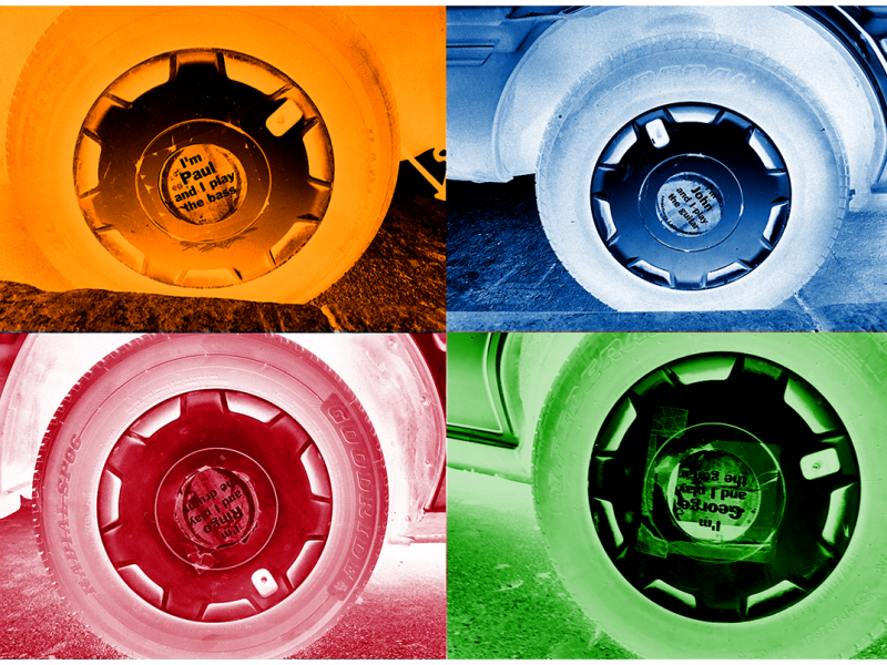 Four hub caps with Beatles songs, photoshopped in vibrant orange, blue red and green