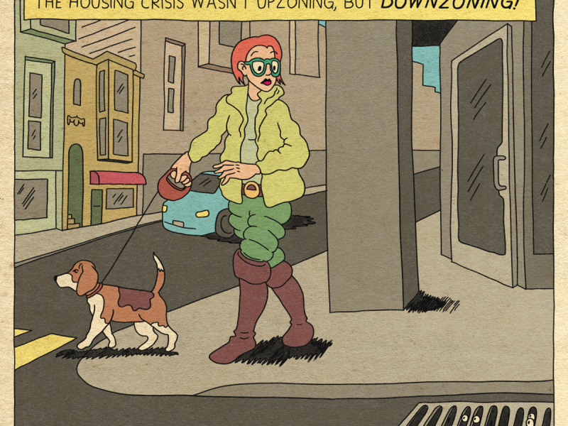 A cartoon of a woman with orange hair and a yellow jacket walking a dog across an empty street. The grating on the street has eyeballs looking up.