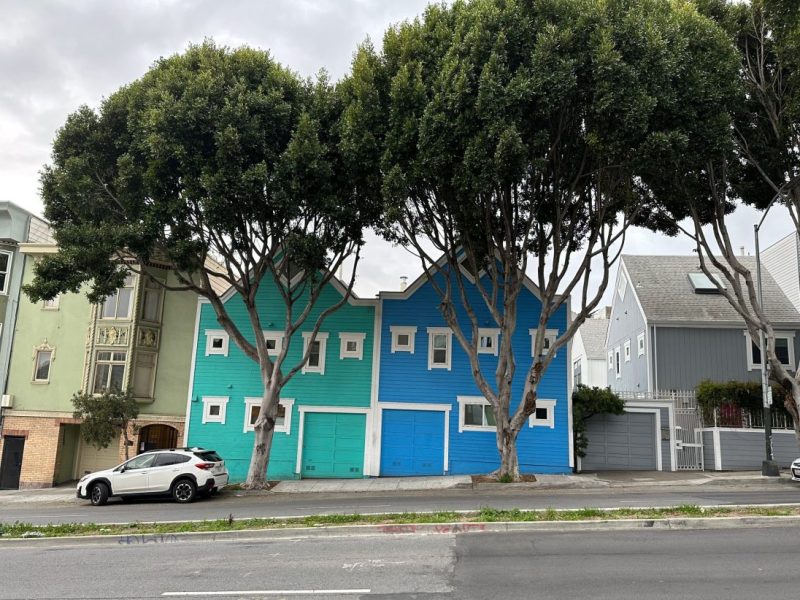 A green and blue painted house with no doors, behind two trees.