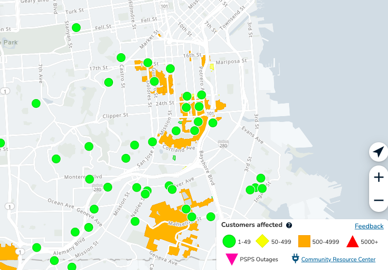 PG&E power outage map of San Francisco Feb. 21, 2023
